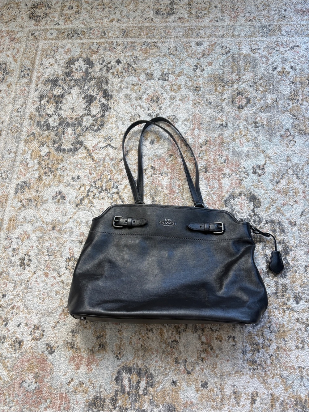 COACH Black Leather Shoulder Bag with Buckle Accents